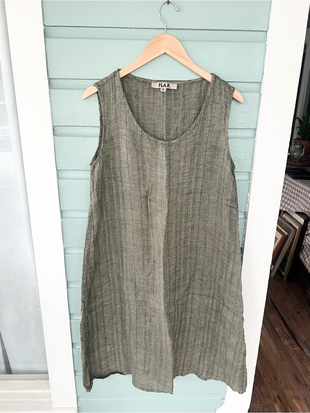 Flax NEW 100% linen green textured sleeveless dress a line scoop neck fall small